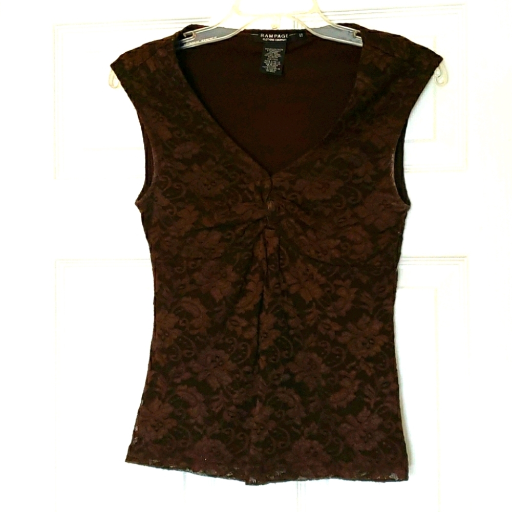 Rampage Dk. Brown Lace top w/Gathered V-neck front